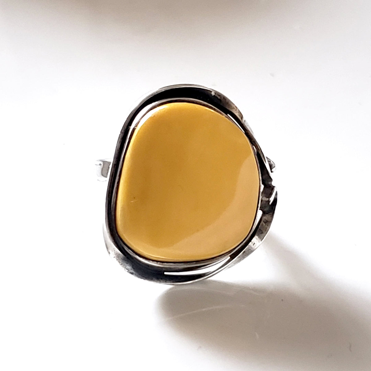 Bague Art Nouveau En Argent 835 Avec Ambre - Taille 56,5 (17,9mm) - Vintage Allemand, époque 1895-1910