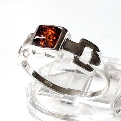sterling silver ring with amber on display