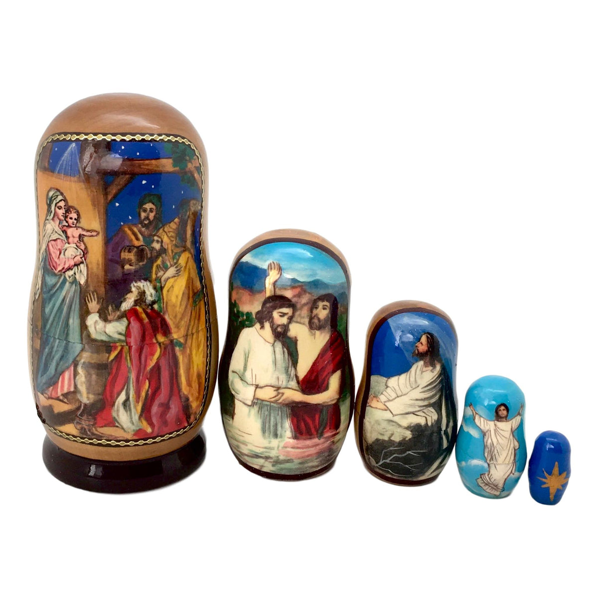 Russian Nesting Dolls Nativity Set - 5 Piece Stacking Christmas Eggs, Handmade Wood-1196476
