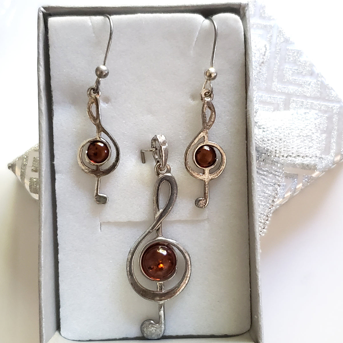 Silver Treble Clef Cognac Amber Pendent Earrings sale Set