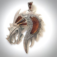 dragon large silver amber pendant