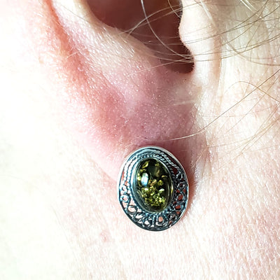 green amber oval silver post earrings