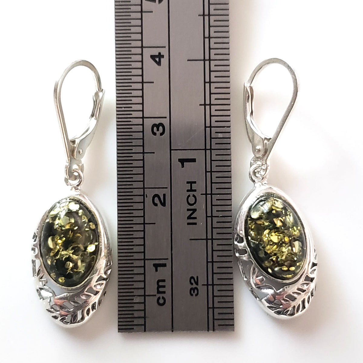 925 Sterling Vtg. Baltic Green popular Amber Rare Earrings .