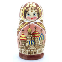 Gold Church Russian Wood Burned Nesting Doll 7" Tall
