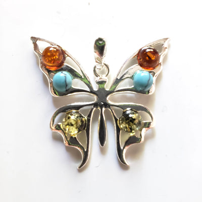 silver butterfly with amber and turquoise beads