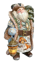 Russian Santa figure with a lantern, surrounded by snow and animals.