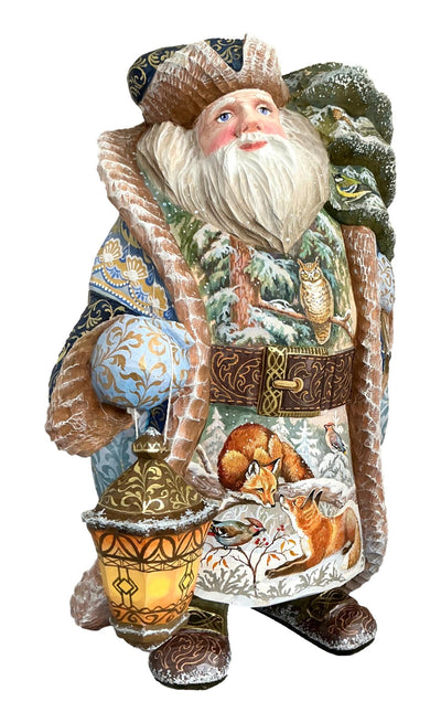 Russian Santa figure with a lantern, surrounded by snow and animals.