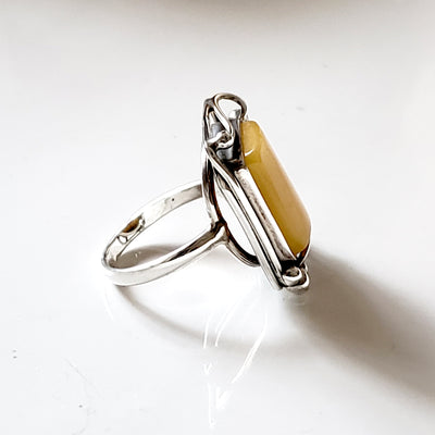 antique rectangular butterscotch amber ring in sterling silver frame