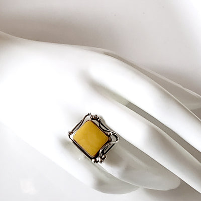 antique rectangular butterscotch amber ring in sterling silver frame