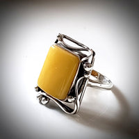 antique rectangular butterscotch amber ring in sterling silver frame. ring size 8 
