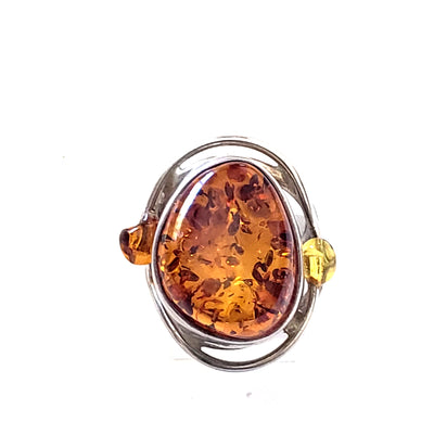 Oval natural amber large ring with beads in sterling silver