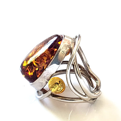 Oval natural amber large ring with beads in sterling silver