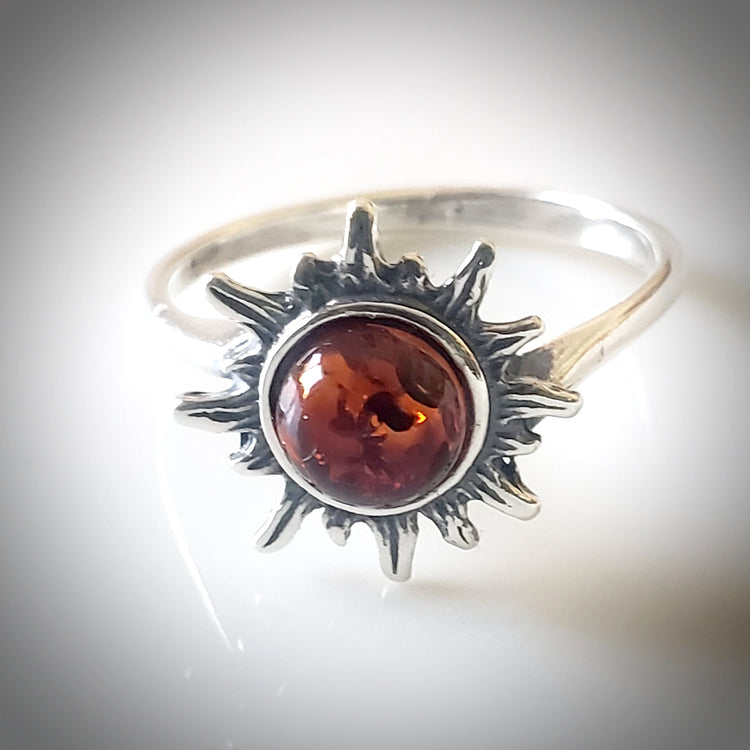 Natural Amber in Sterling Silver Sun Ring. For Him or Her Ring Collection
