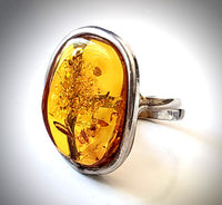 large freeform honey natural amber ring in sterling silver 