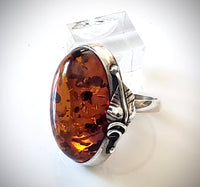 Large Oval Amber Classic Ring in Silver Frame BuyRussianGifts Store