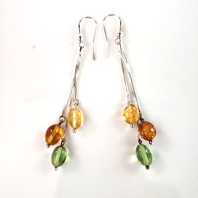 Three Color Amber Beads Long Silver Earrings BuyRussianGifts Store