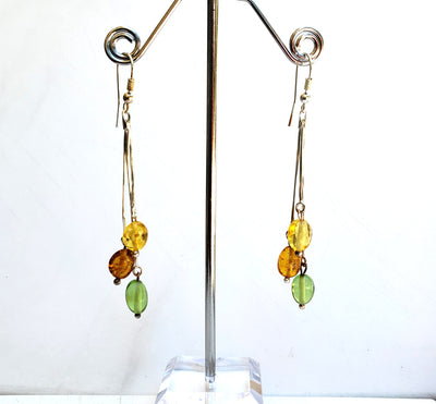 Three Color Amber Beads Long Silver Earrings BuyRussianGifts Store