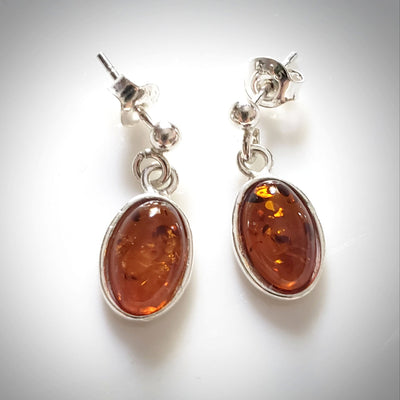 oval amber silver dangling  post earrings 