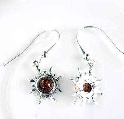 Honey Amber Sterling Silver Small Flaming Sun Fish-Hook Earrings BuyRussianGifts Store