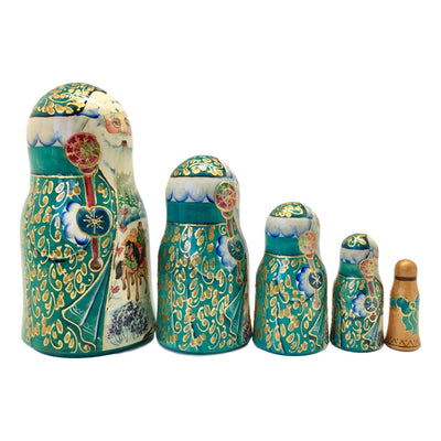 Russian Santa Winter Village Green Nesting Doll Christmas Set of 5 BuyRussianGifts Store