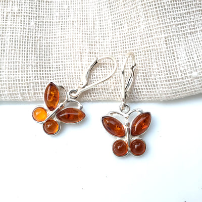 Amber Butterfly Dangle Earrings in Sterling Silver BuyRussianGifts Store