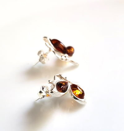 Butterfly Amber Wings Silver Studs Earrings BuyRussianGifts Store