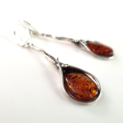 Long Dangle Calla Lily Shape Cognac Amber Silver Earrings BuyRussianGifts Store