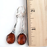 Long Dangle Calla Lily Shape Cognac Amber Silver Earrings BuyRussianGifts Store