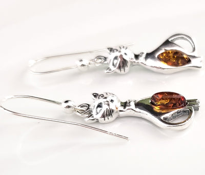 Silver Cat with Honey Amber Earrings BuyRussianGifts