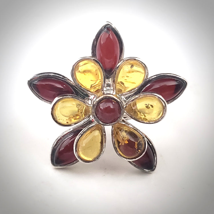 Flower Shaped Cognac Lemon Amber & Sterling Silver Ring BuyRussianGifts Store