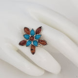 Cherry red amber with turquoise ring size 5