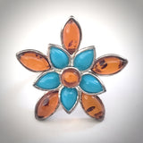 Cognac amber turquoise flower silver ring 