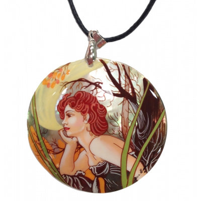 Mother of Pearl Painted Pendant inspired by Evening Contemplation Mucha