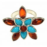 Flower Cognac Amber Turquoise Sterling Silver Ring