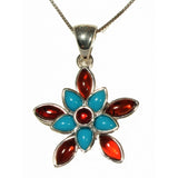 Flower Cognac Amber/Turquoise & Sterling Silver Pendant
