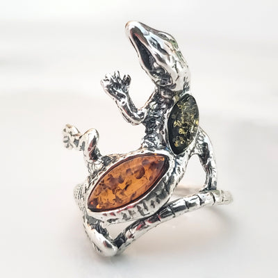 Sterling Silver Gecko Lizard Ring with Genuine Baltic Amber / Adjustable size BuyRussianGifts Store