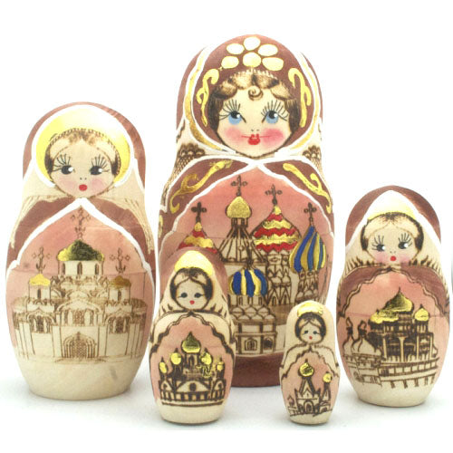 Gold Church Russian Wood Burned Nesting Doll 7