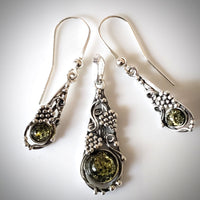 Green Amber in Silver Earrings & Pendant Jewelry Set BuyRussianGifts Store