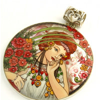 Hand Painted Silver Large Pendant Inspired by Mucha