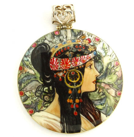 Hand Painted Sterling Silver Pendant The Brunette Mucha