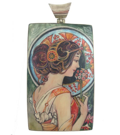 Hand Painted Mother of Pearl Large Silver Pendant Inspired by La Primavera Mucha