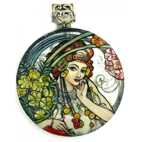 Mother of Pearl Silver Pendant Inspired by Muse Alphonse Mucha