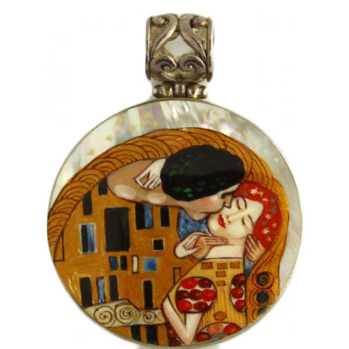The Kiss Hand Painted Small Round Pendant Inspired by Klimt