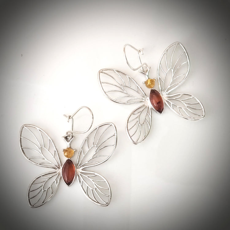 Large butterfly silver amber earrings