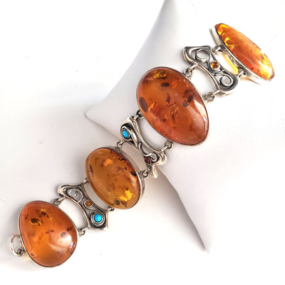 Large Oval Honey Amber Silver Bracelet with Turquoise Beads BuyRussianGifts Store