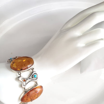 Large Oval Honey Amber Silver Bracelet with Turquoise Beads BuyRussianGifts Store