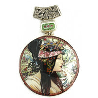 Large Mother of Pearl Silver Pendant Inspired by “The Brunette” Alphonse Mucha