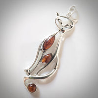 long cat sterling silver amber pendant