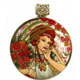 Hand Painted Silver Large Pendant Inspired by Mucha