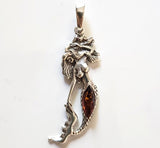 Mermaid pendant in silver and amber